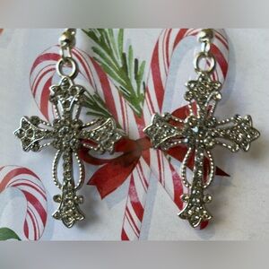 Sparkling Silver Large Rhinestone Cross Dangle Earrings